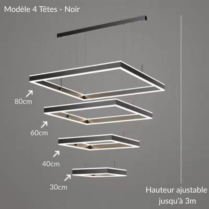 Suspension plafond cathédrale LED noire 4 têtes géométriques, hauteur ajustable idéale pour grands volumes.