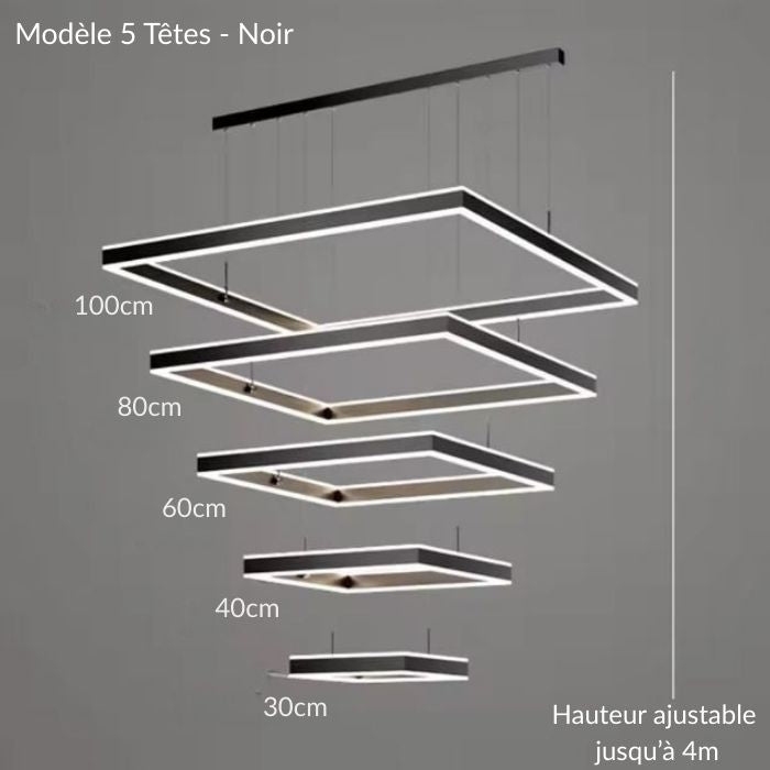 Suspension plafond cathédrale LED noire 5 têtes design, hauteur ajustable jusqu’à 4m pour plafonds cathédrale.