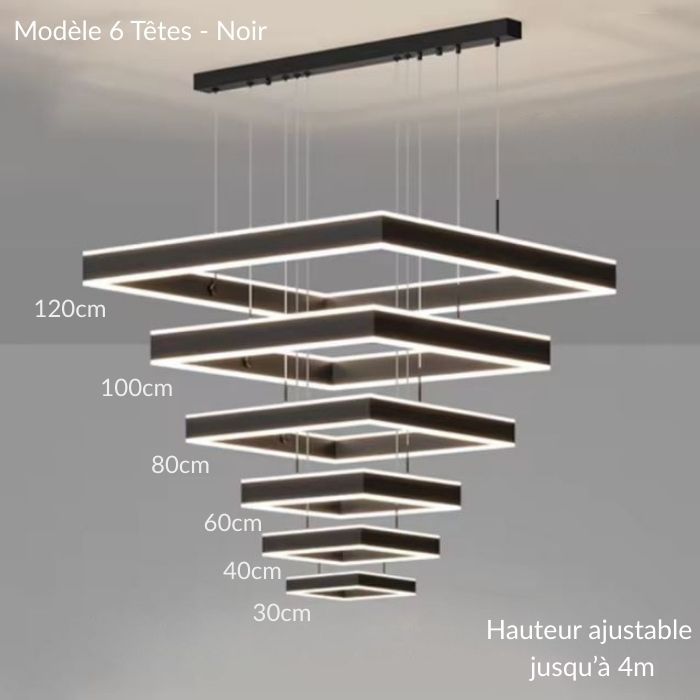 Suspension plafond cathédrale LED noire à 6 têtes design rectangulaire, hauteur réglable idéale pour loft moderne.
