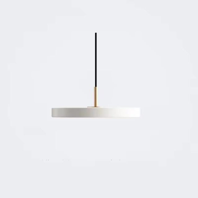 Suspension plate blanche minimaliste avec une tige dorée et un câble noir, idéale pour un intérieur épuré et contemporain.