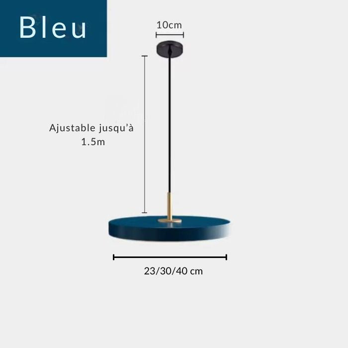 Suspension plate bleue élégante avec une tige dorée, ajustable jusqu'à 1,5 m, idéale pour une décoration moderne.