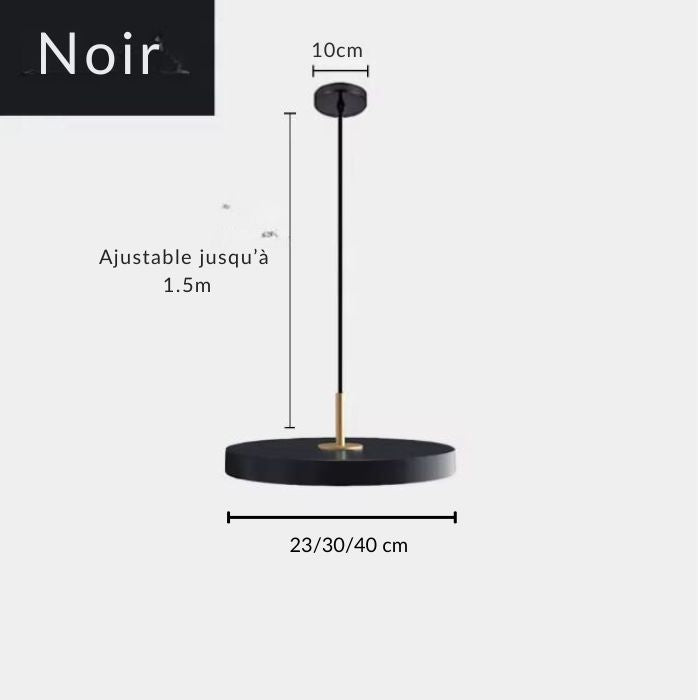 Suspension plate noire moderne ajustable jusqu'à 1,5 m, disponible en différents diamètres de 23, 30 et 40 cm pour un éclairage contemporain.