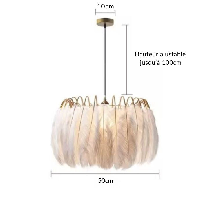 Dimensions d’une suspension à plumes blanches et finition dorée, avec hauteur réglable jusqu’à 100 cm.