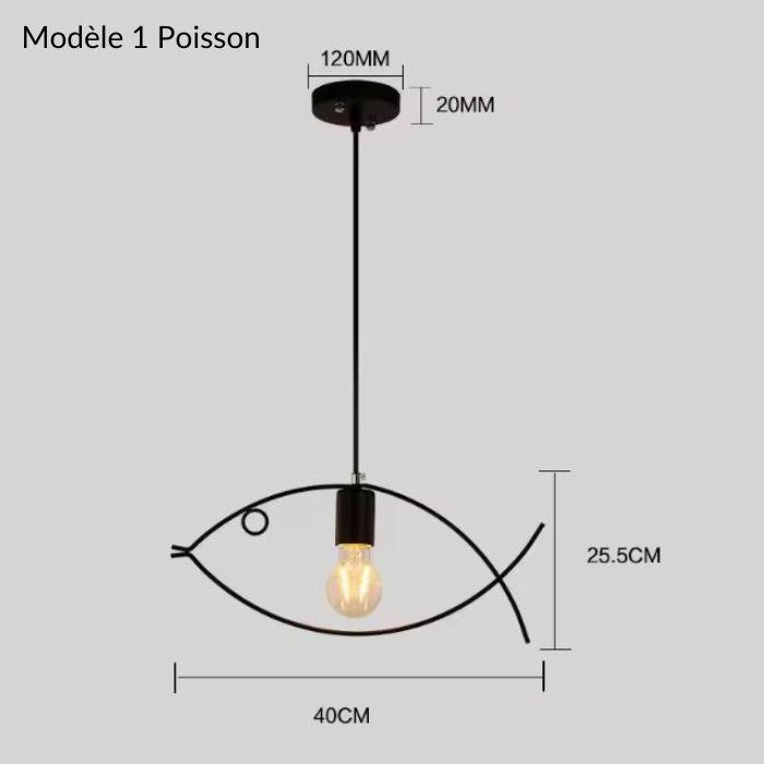 Suspension poisson en métal noir, design minimaliste avec une seule lumière, idéale pour une ambiance moderne et épurée.