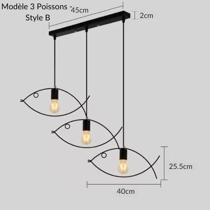 Suspension poisson triple en métal noir avec un alignement élégant, idéale pour une salle à manger ou un bar moderne.