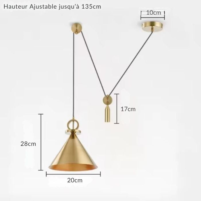 Suspension poulie en laiton avec hauteur ajustable jusqu'à 135 cm, parfait pour un éclairage sur mesure.