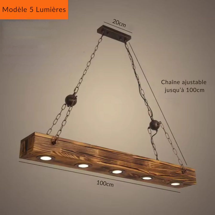 Suspension en poutre de bois de 100 cm à cinq spots, avec chaînes réglables au style industriel rustique