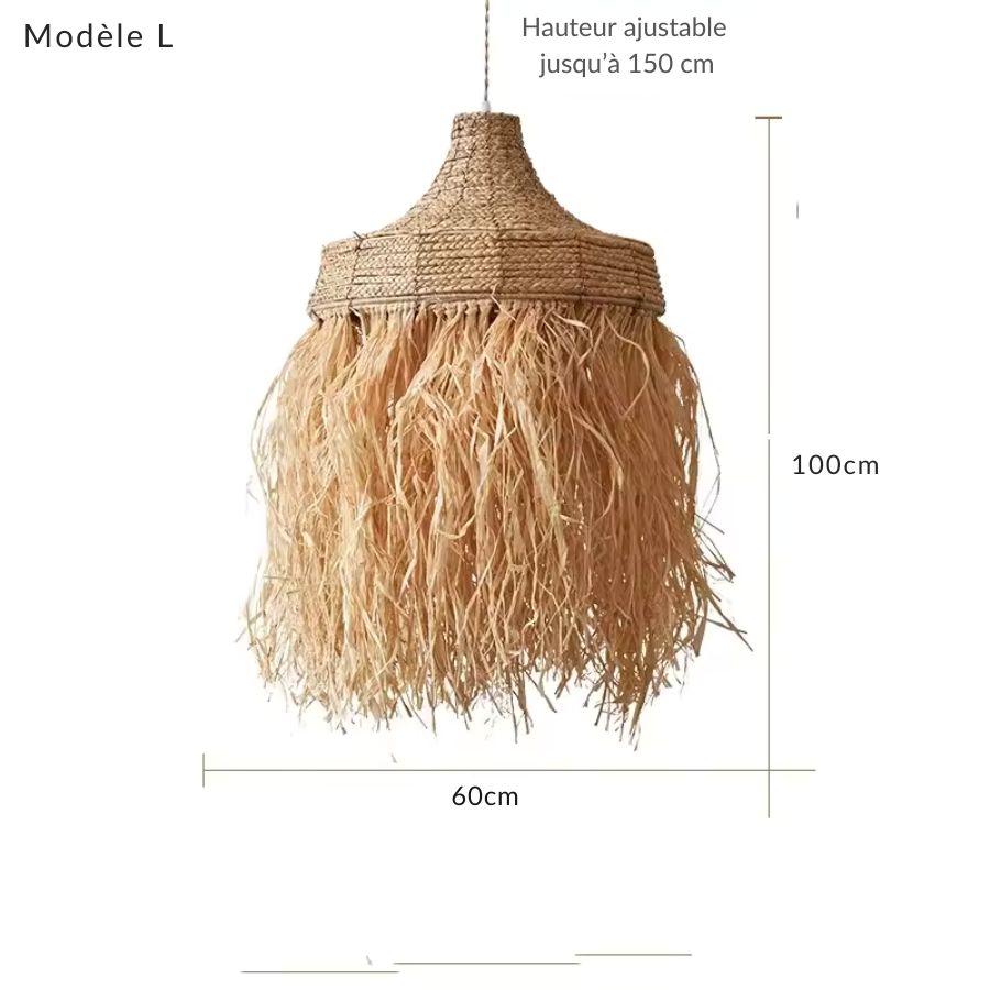 Suspension raphia modèle L de 60 x 100 cm, avec longues franges et hauteur ajustable jusqu’à 150 cm