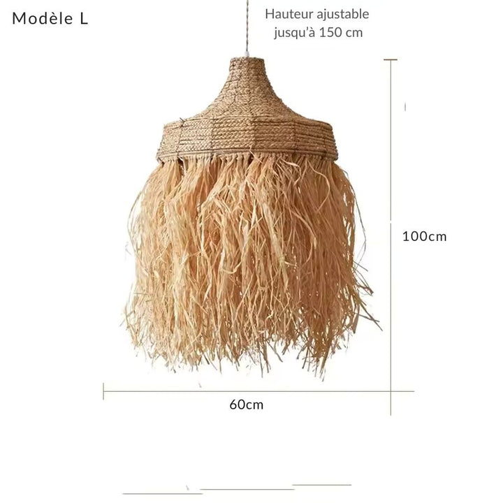 Suspension raphia modèle L de 60 x 100 cm, avec longues franges et hauteur ajustable jusqu’à 150 cm