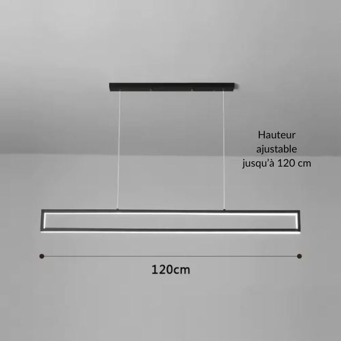 Suspension rectangulaire LED noire de 120 cm, parfaite pour une décoration moderne et épurée dans une salle à manger ou un bureau.