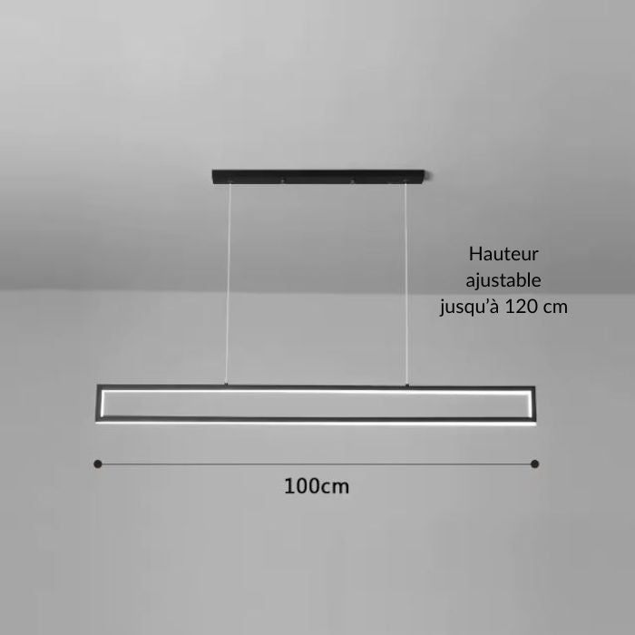 Suspension rectangulaire noire au style minimaliste, idéale pour une déco design au-dessus d’un îlot ou d’une table.