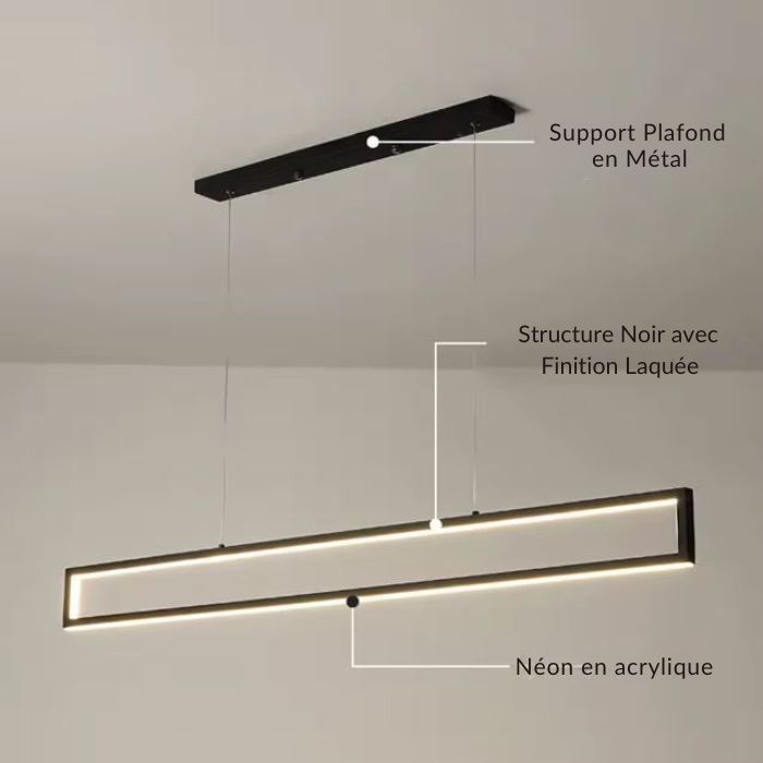 Détail technique d’une suspension rectangulaire noire avec finition laquée, support en métal et éclairage LED néon en acrylique intégré.