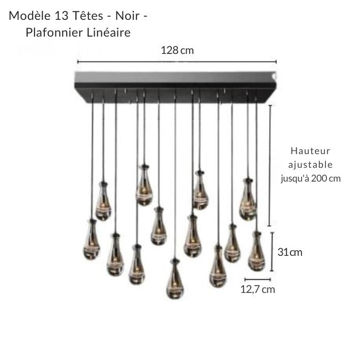 Suspension rectangulaire noire avec une rangée de gouttes d'eau en verre, idéale pour une table rectangulaire.