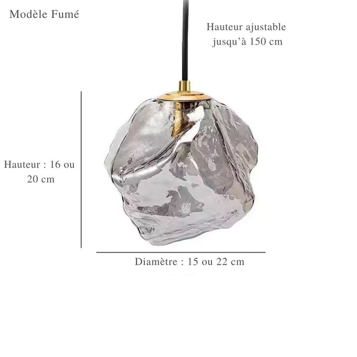 Suspension sculpturale en verre fumé à forme minérale, esprit design contemporain et sophistiqué
