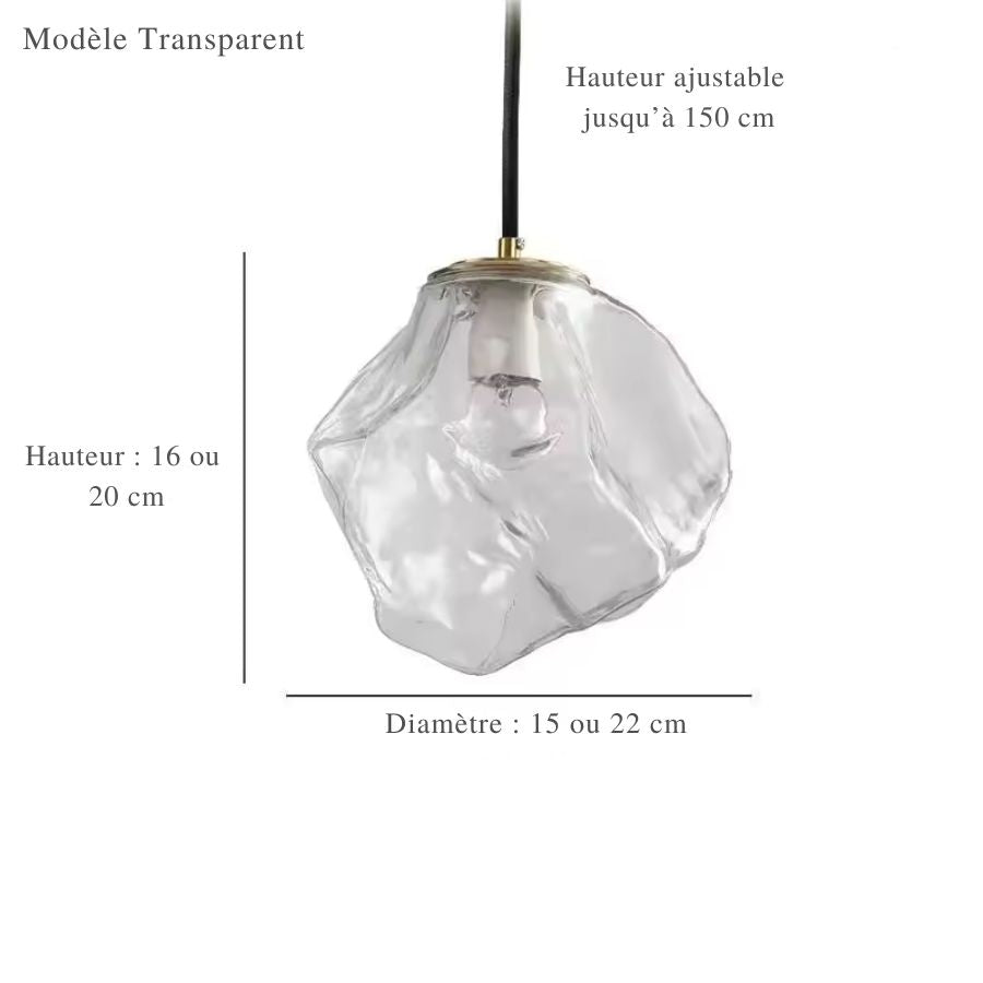 Suspension en verre transparent sculpté aux lignes irrégulières, design organique et contemporain