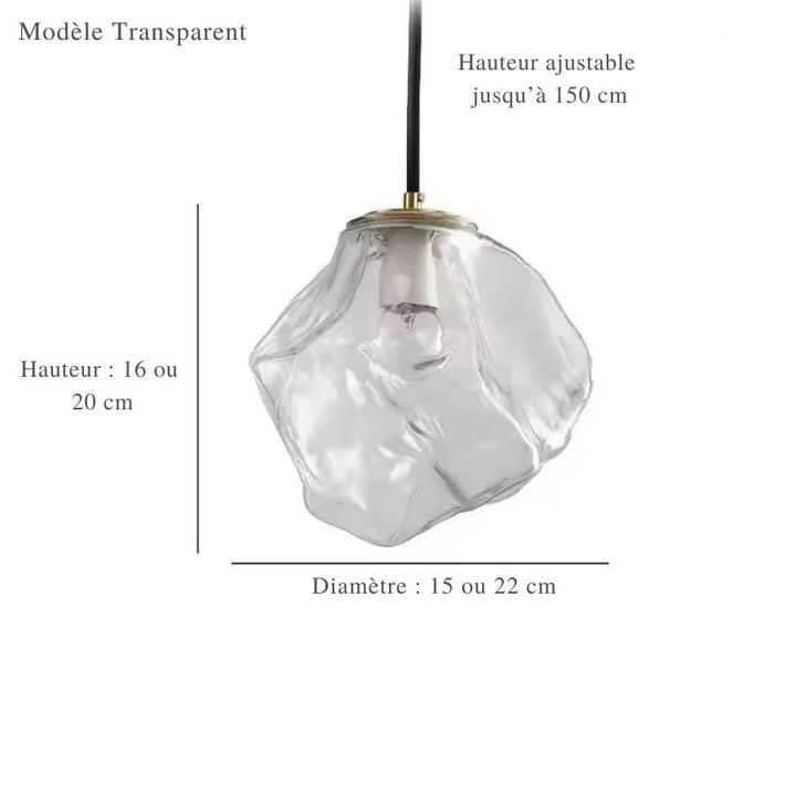 Suspension en verre transparent sculpté aux lignes irrégulières, design organique et contemporain