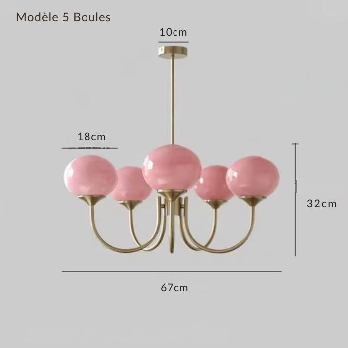 Schéma technique suspension rose 5 boules en verre et laiton, design raffiné pour grands espaces ou pièce à vivre.
