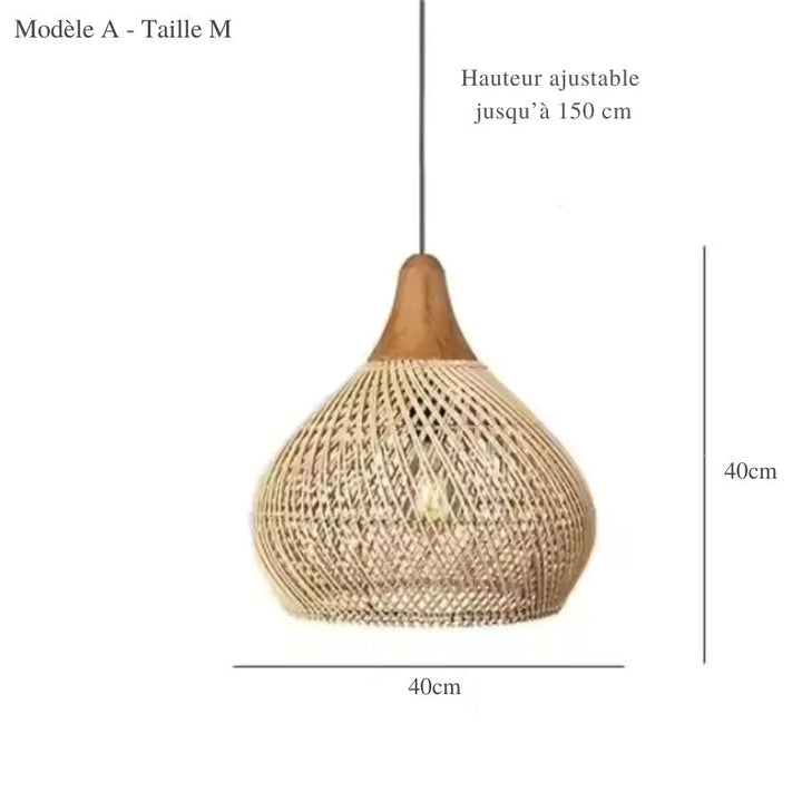 Modèle A en rotin naturel tressé avec col en bois, format 40 cm au style bohème et organique
