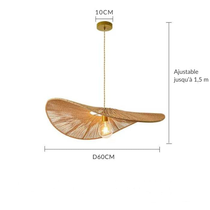 Suspension Vertigo en rotin au diamètre de 60 cm, ajustable jusqu’à 1,5 m pour un éclairage naturel et moderne.