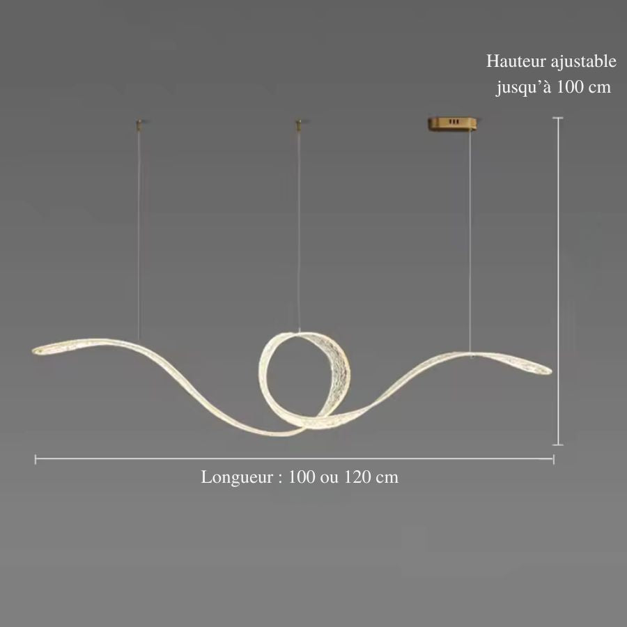 Dimensions d'une suspension LED design en ruban ondulé à boucle centrale, longue de 100 ou 120 cm et à hauteur réglable.