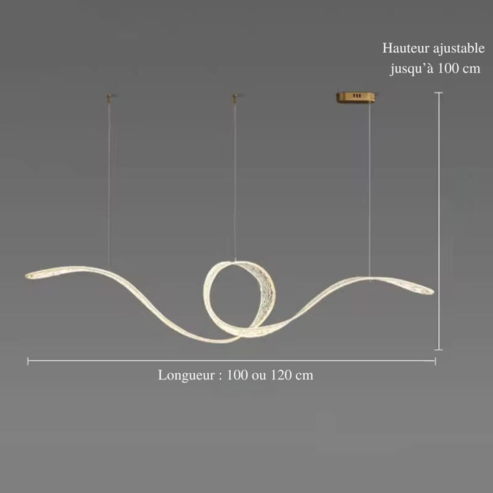 Dimensions d'une suspension LED design en ruban ondulé à boucle centrale, longue de 100 ou 120 cm et à hauteur réglable.