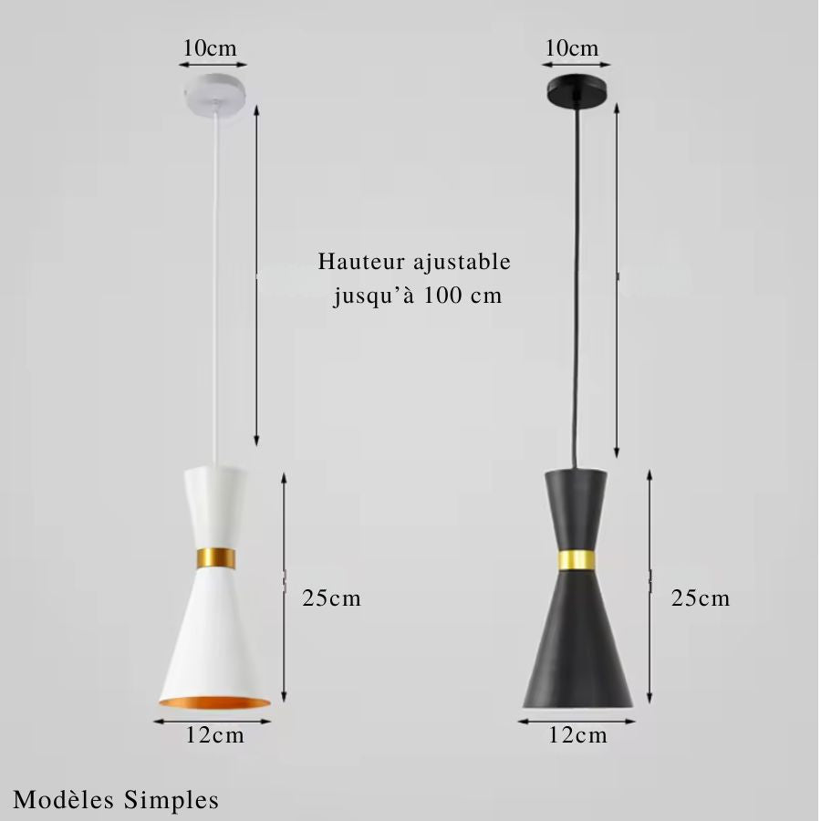 Formats de suspension sablier en métal noir ou blanc avec finition dorée et câble ajustable en hauteur