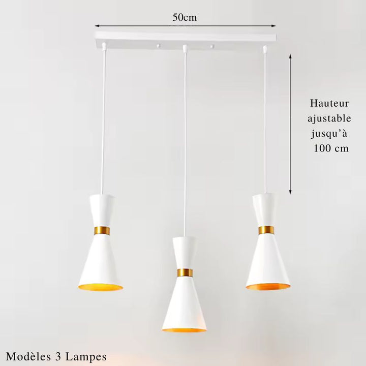 Dimensions de la suspension sablier triple en métal blanc et doré avec hauteur réglable jusqu’à 100 cm