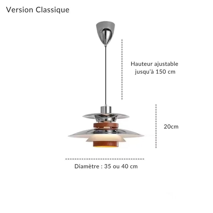 Suspension scandinave vintage classique en métal chromé et bois, au design rétro à hauteur réglable