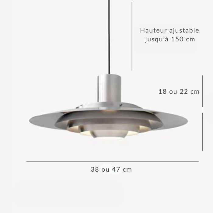 Dimensions d'une suspension scandinave vintage à disques superposés, disponible en deux tailles avec câble réglable.