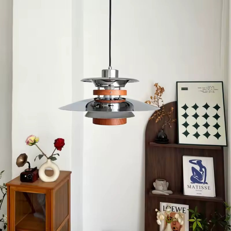 Suspension scandinave vintage en métal chromé et bois, au design rétro à disques superposés