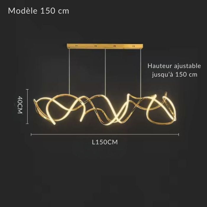 Modèle 150 cm de la suspension sculpturale LED dorée, composé de lignes lumineuses fluides et entrelacées.