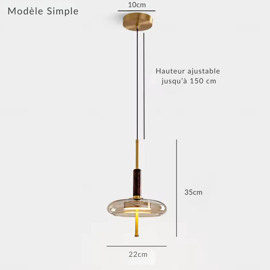 Suspension simple à anneau de verre et tige dorée, modèle minimaliste avec hauteur réglable jusqu’à 150 cm