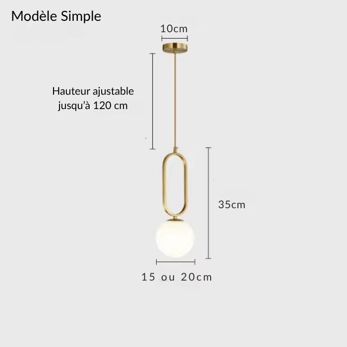 Suspension simple en laiton avec globe blanc, luminaire épuré à hauteur ajustable au style sobre et élégant.