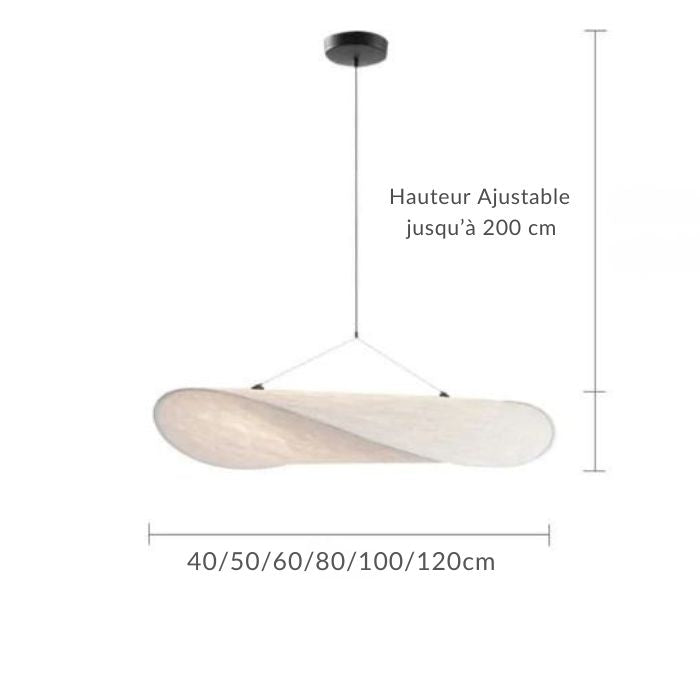 Suspension en soie avec hauteur ajustable jusqu'à 200 cm et disponible en différentes dimensions, idéale pour tout espace intérieur.