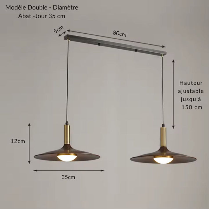 Version double de la suspension rétro effet bois avec deux larges soucoupes de 35 cm sur barre de 80 cm