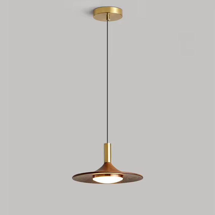Suspension soucoupe en métal effet bois avec détails dorés, inspirée du design vintage des années 60