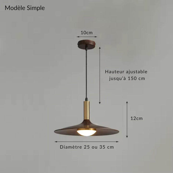 Dimensions de la suspension soucoupe simple en métal effet bois, disponible en diamètre 25 ou 35 cm