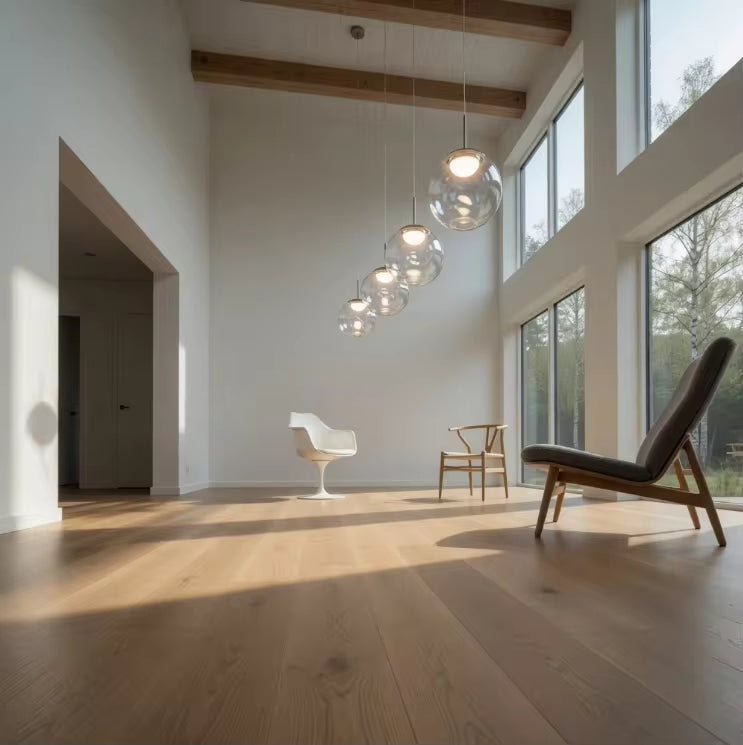 Suspension de sphères en verre irisé dans un séjour à haut plafond, au style scandinave épuré et lumineux