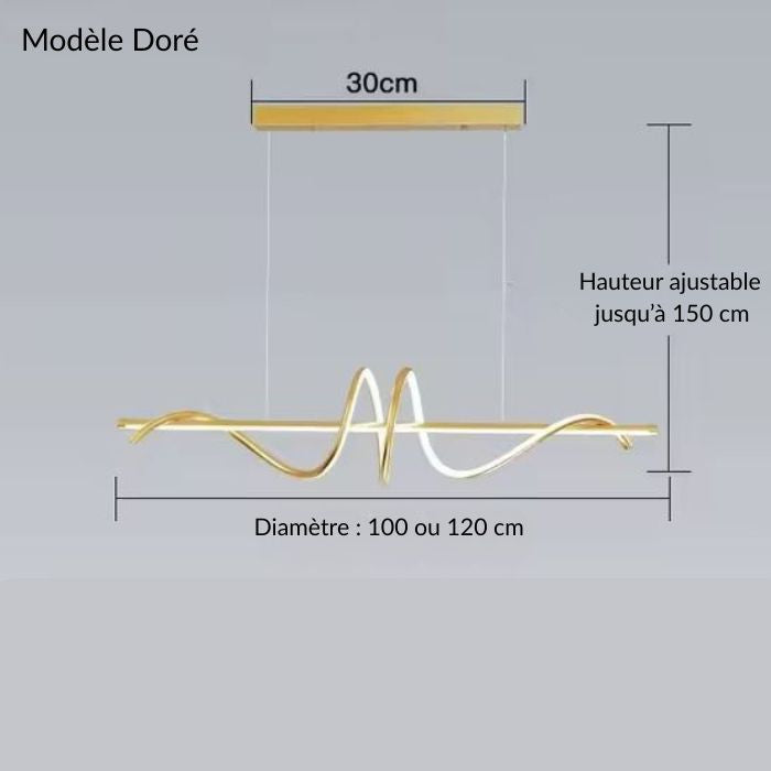 Suspension spirale dorée LED design avec hauteur ajustable, idéale pour une salle à manger moderne ou un îlot central.