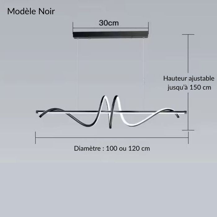 Suspension spirale noire LED au design contemporain avec hauteur réglable, parfaite pour cuisine, salon ou bureau élégant.