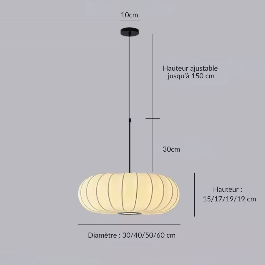 Suspension en tissu ivoire nervuré disponible en plusieurs diamètres, au style japandi doux et contemporain