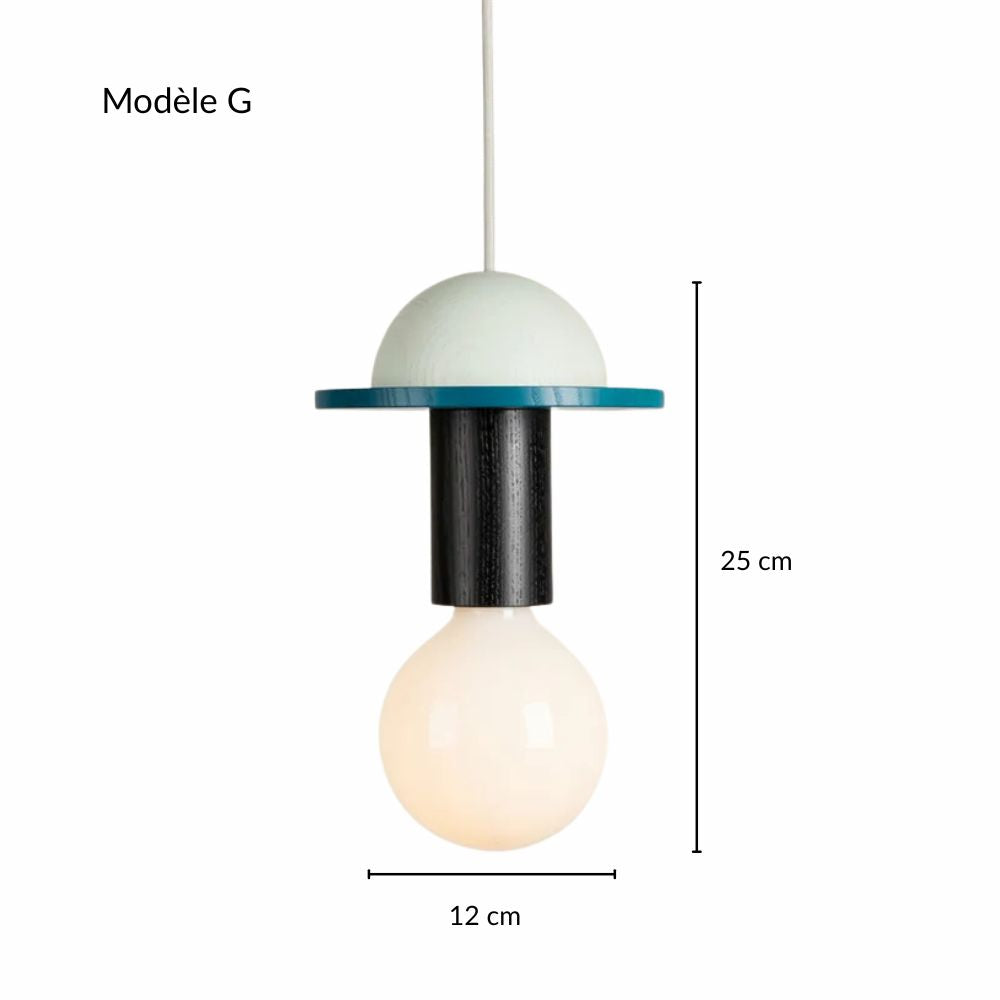 Suspension totem en bois bleu au style design épuré avec dimensions détaillées.