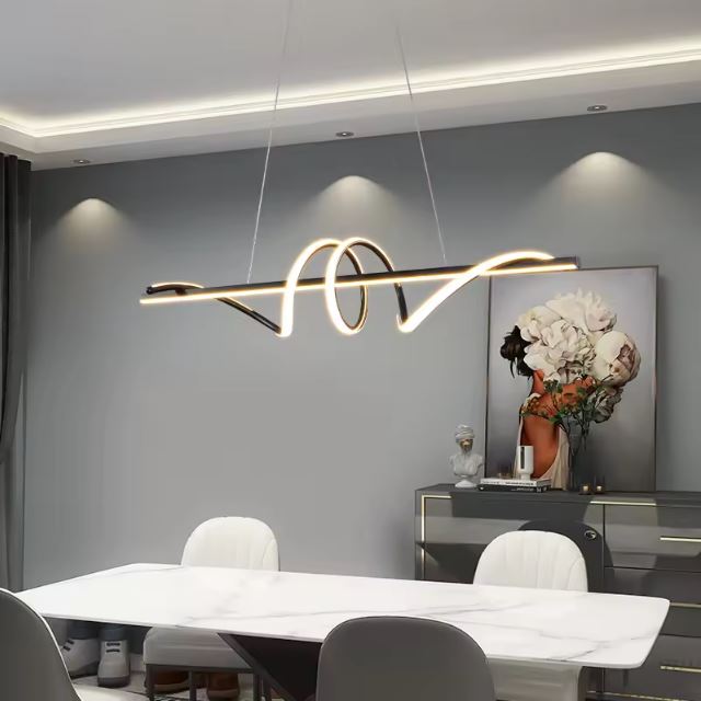 Suspension tourbillon LED noire au style contemporain, idéale pour une salle à manger élégante ou un intérieur arty chic.