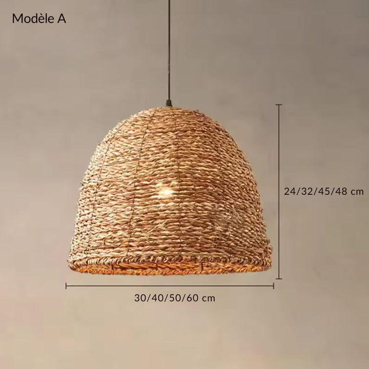 Suspension tressée en fibre naturelle modèle A, en forme de dôme arrondi, disponible en plusieurs dimensions