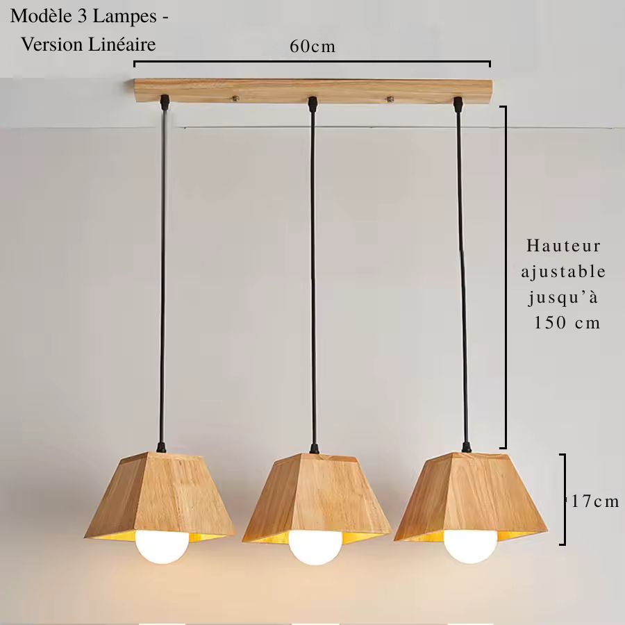 Alignement de trois suspensions géométriques en bois à globes opalins, au style nordique épuré et contemporain