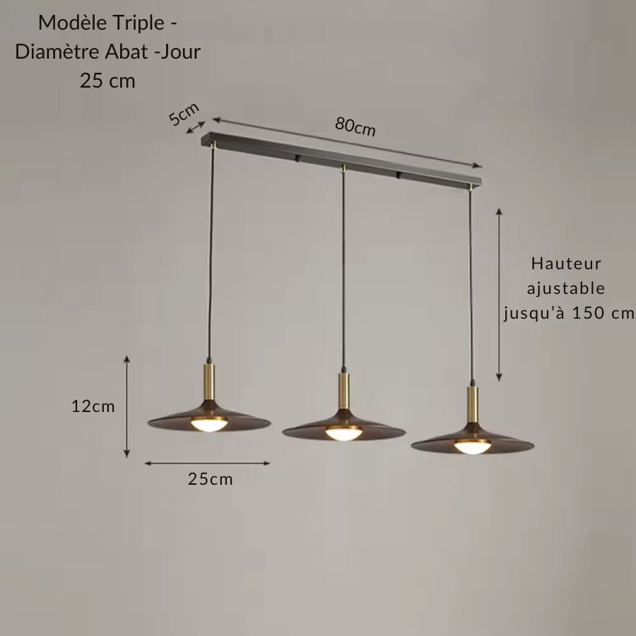 Suspension triple effet bois avec trois soucoupes de 25 cm et barre de 80 cm, hauteur ajustable