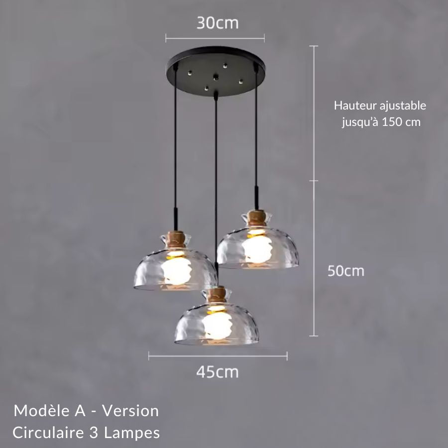 Suspension 3 lampes en verre ondulé et bois sur rosace ronde, composition contemporaine aérienne