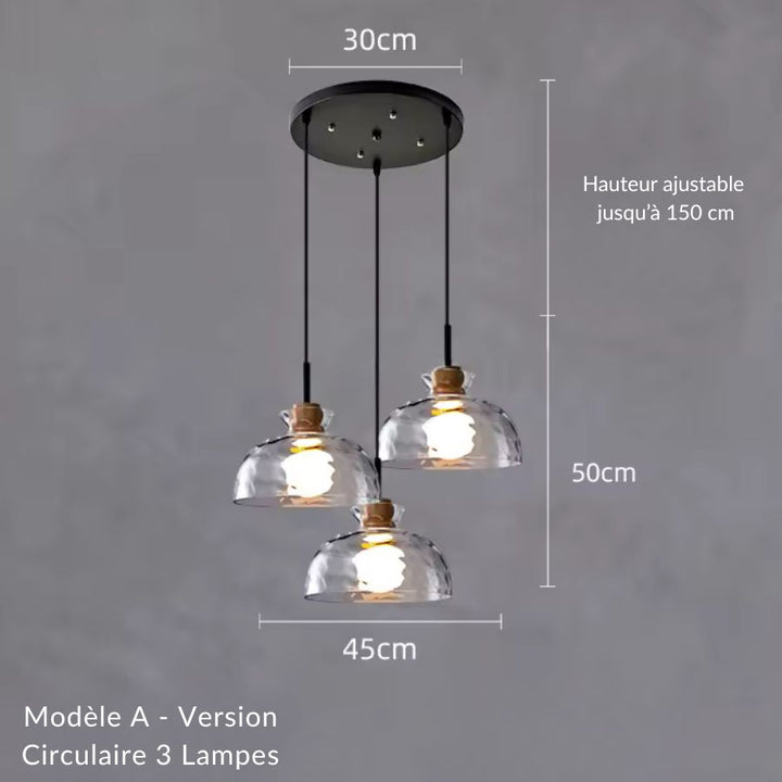 Suspension 3 lampes en verre ondulé et bois sur rosace ronde, composition contemporaine aérienne