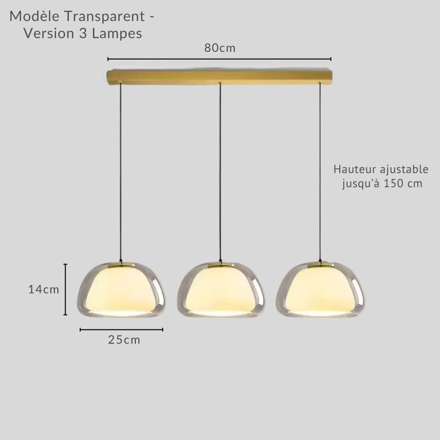 Suspension triple à trois cloches en verre transparent et cœur opalin sur barre dorée de 80 cm