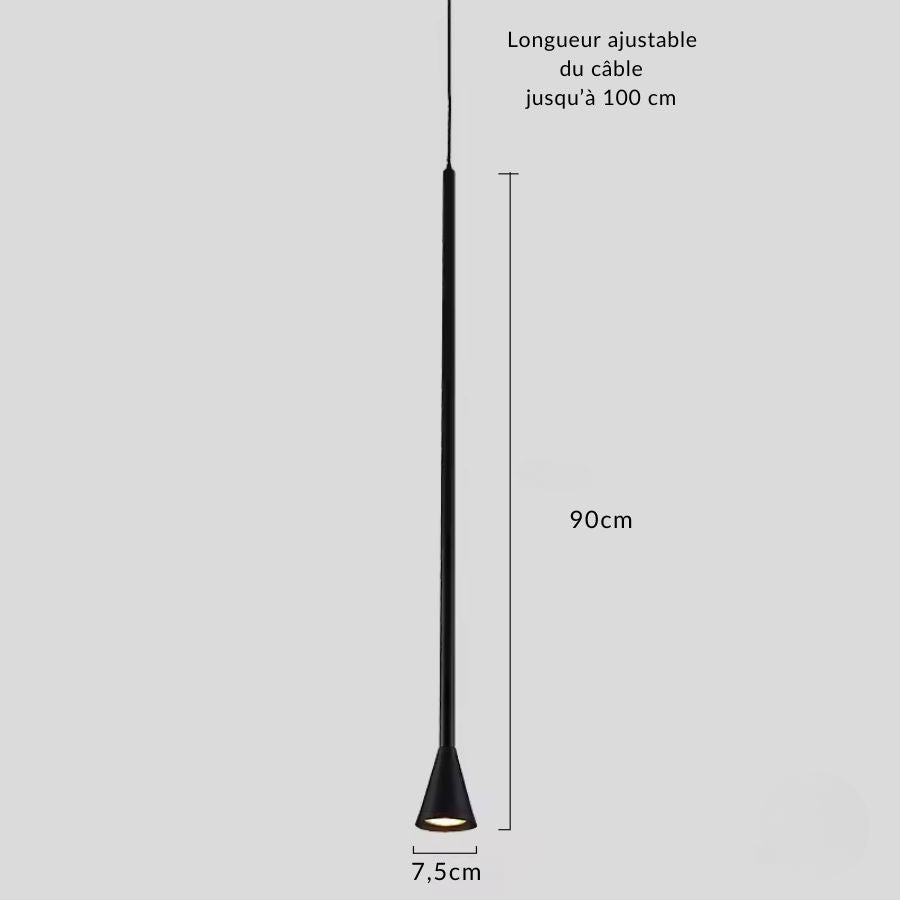 Version noire très élancée en métal, longue de 90 cm, avec diffuseur évasé au style minimaliste contemporain